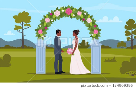 Decorated arch for wedding ceremony. Black wedding couple. Bride and groom in formal clothes on wedding day, marriage ceremony. Wedding arch. Just married love couple, newlyweds. Vector illustration. 124909396