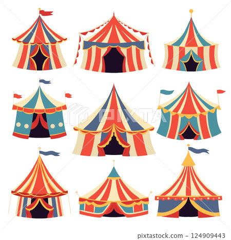 Vector set of circus vintage tents isolated from background. Collection of carnival marquee clip arts Vector set of circus vintage tents isolated from background. Collection of carnival marquee clip arts 124909443