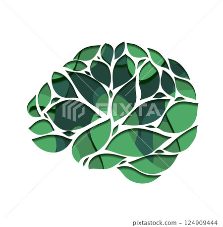 Vector 3D illustration of brains silhouettes from foliage. Layered illustration of eco brain for medicine articles. Vector 3D illustration of brains silhouettes from foliage. Layered illustration of eco brain for medicine articles. 124909444