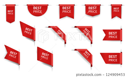 Corners and ribbons icon set. Product red banner, price shopping tags. Promotion sale badges, special offer stickers. Discount and price offer concept. Vector sticker templates Corners and ribbons icon set. Product red banner, price shopping tags. Promotion sale badges, special offer stickers. Discount and price offer concept. Vector sticker templates 124909453