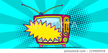 Comic retro tv on halftone and dots backdrop. Vector colorful background in pop art retro comic style. Cartoon vintage 70s, 80s television Comic retro tv on halftone and dots backdrop. Vector colorful background in pop art retro comic style. Cartoon vintage 70s, 80s television 124909456