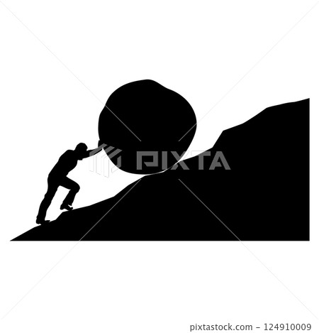 man pushing big boulder uphill. Concept of fatigue, effort, courage, power, force Vector cartoon black silhouette in flat design isolated man pushing big boulder uphill. Concept of fatigue, effort, courage, power, force Vector cartoon black silhouette in flat design isolated 124910009
