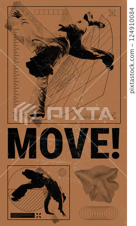 Poster. Modern composite artwork. Jumping dancer in sepia tone layered over angular lines, rulers, and distorted mapping. Brutalist style. 124910084