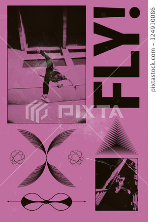 Poster. Conceptual art collage. Skater performing trick mid-air framed in pink tones with visual echoes of symmetry and motion. Brutalism style. 124910086