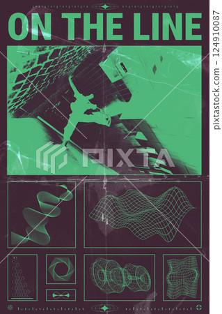 Poster. Conceptual design. Freestyle dancer performing wall trick captured in green tones, surrounded by warped topography and sound-inspired visuals. Brutalism art Poster. Conceptual design. Freestyle dancer performing wall trick captured in green tones, surrounded by warped topography and sound-inspired visuals. Brutalism art 124910087
