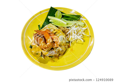 Top view of Prawn Pad Thai in yellow dish, focus selective 124910089