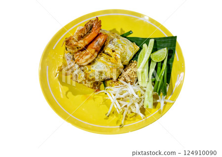 Top view of Prawn Pad Thai in yellow dish, focus selective 124910090