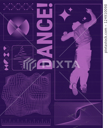 Poster. Contemporary art collage. Dancer frozen mid-air surrounded by geometric patterns and radial graphics in vibrant magenta tones. Brutalism style. Poster. Contemporary art collage. Dancer frozen mid-air surrounded by geometric patterns and radial graphics in vibrant magenta tones. Brutalism style. 124910098