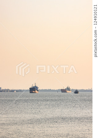 Panorama view of ocean liner, Cargo Ship, Thanker going to port in Thai gulf zone near Samutprakarn province, Thailand. 124910121
