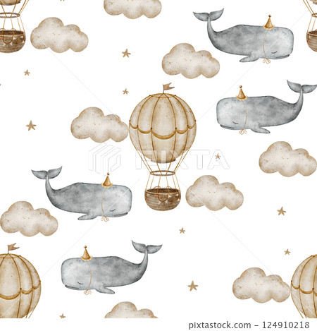 Watercolor pattern illustration vintage gray sperm whale, balloons flying in the clouds. Seamless print background in cartoon style for children's design, fabric, clothes kids, textile, wallpaper 124910218