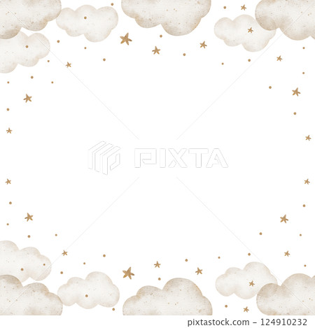Watercolor illustration of stars, clouds, dreams, baby's sleep. Hand-drawn frame in beige pastel colors. Template for children's cards, invitations, posters, holiday, wallpaper, printing, packaging 124910232