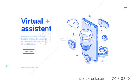 Virtual assistant AI robot smartphone application isometric monochrome web banner vector 124910260