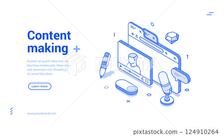 Content making social media network video blog vlog podcast isometric web banner monochrome vector 124910264