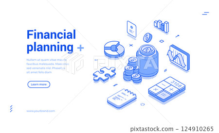 Financial planning accounting bookkeeping and investment isometric web banner monochrome vector 124910265