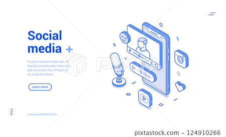 Social media networks marketing making money via internet isometric monochrome web banner vector 124910266