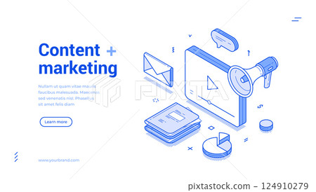 Content marketing commercial internet advertising isometric web banner monochrome vector 124910279