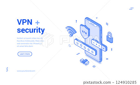 VPN network technology smartphone application security isometric web banner vector illustration 124910285
