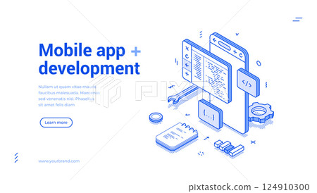 Mobile app development big data software engineering coding isometric web banner vector 124910300