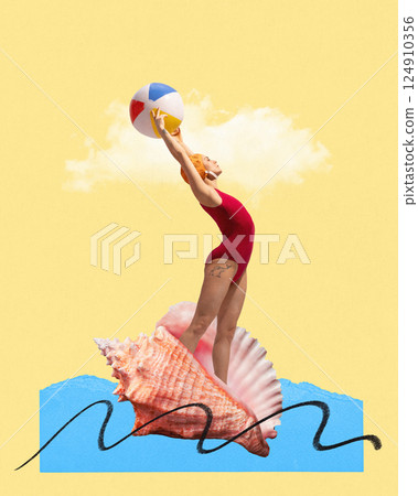 Young woman in red swimsuit and cat standing on seashell holding beach ball against light yellow background. Contemporary art collage. 124910356