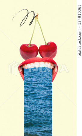 Open female mouth with cherry eyes devours ocean stream in surreal vertical cutout. Summer fun and whimsical design. Contemporary art collage. Open female mouth with cherry eyes devours ocean stream in surreal vertical cutout. Summer fun and whimsical design. Contemporary art collage. 124910363