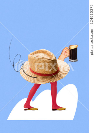 Walking straw hat with female legs in red stockings holding beer mug against blue background in vibrant surreal scene. Contemporary art collage. Walking straw hat with female legs in red stockings holding beer mug against blue background in vibrant surreal scene. Contemporary art collage. 124910373