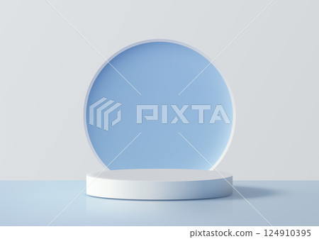 white cylindrical pedestal mockup on light blue background, minimal product display showcase, 3d clean modern design 124910395