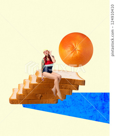 Young woman in swimsuit and cap sitting on stacked toast beside grapefruit and abstract blue water element on light yellow background. 124910410