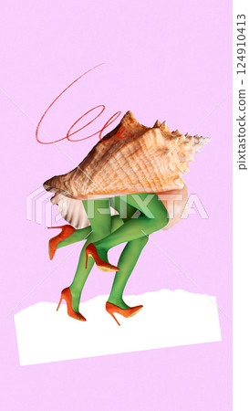 Green-stockinged legs in red heels walking with giant seashell on top against pink background. 124910413