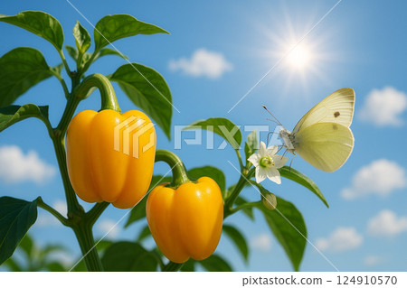 黃椒和菜粉蝶在花上 黃椒和菜粉蝶在花上 124910570