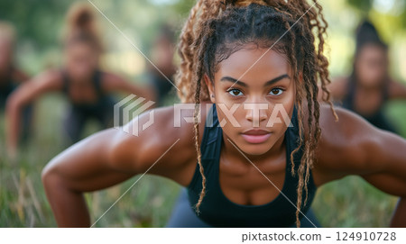 Fit people doing push-ups at the park 124910728