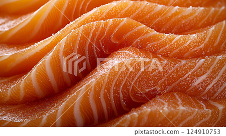 Red fish fillet meat close-up. Trout or salmon, texture and macro photo. Content for an online store or advertising 124910753