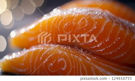Red fish fillet meat close-up. Trout or salmon, texture and macro photo. Content for an online store or advertising 124910755