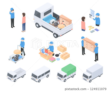 Isometric illustration set of movers and junk collectors 124911079