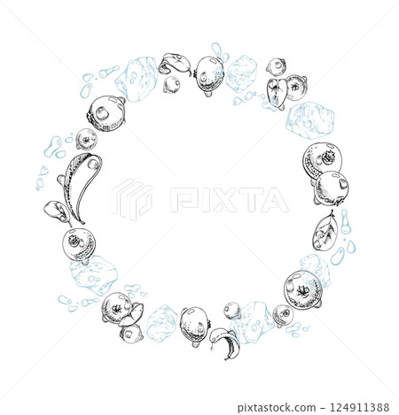 Cranberry lingonberry flying in water splash with ice cubes, drops and green leaves, vector hand drawn in ink, ripe forest berry. Isolated circle wreath frame for restaurant, cafe menu, farmers market 124911388