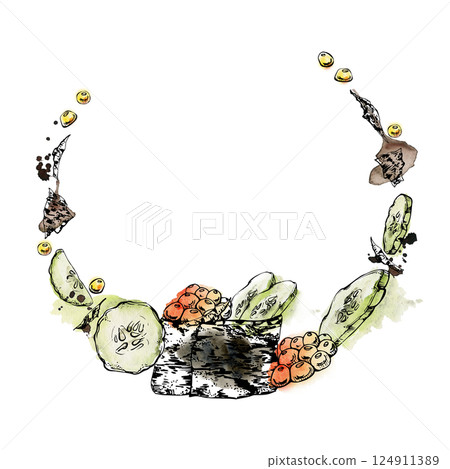 Traditional Japanese food, gunkan sushi with raw fish salmon caviar, rice, cucumber slices, nori flakes, hand drawn in watercolor and ink. Wreath frame for restaurant, cafe menu, kitchen, recipe book 124911389