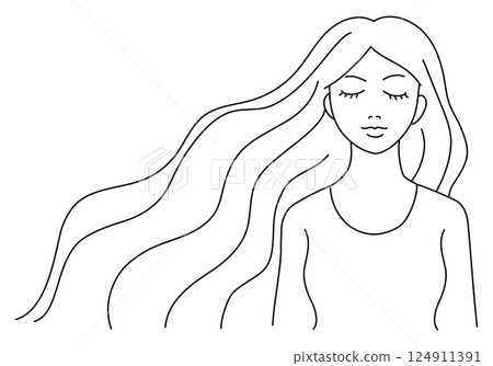 A simple line drawing of a bust of a woman with long hair fluttering in the wind A simple line drawing of a bust of a woman with long hair fluttering in the wind 124911391