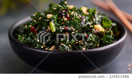 Kale salad with sesame seeds in black bowl, healthy food concept Kale salad with sesame seeds in black bowl, healthy food concept 124911408