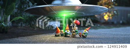 Garden gnomes encountering UFO with green light in whimsical scene Garden gnomes encountering UFO with green light in whimsical scene 124911409