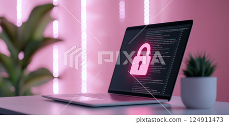 Laptop with red glowing padlock and code on screen in neon pink room 124911473