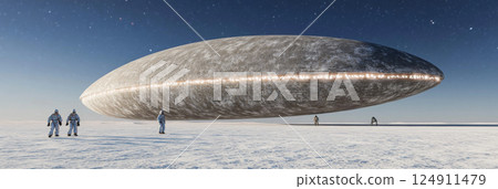 UFO hovering above desert landscape with silhouetted figures beneath, background 124911479