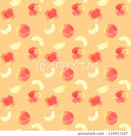 成熟桃子的圖案。手繪水彩插圖的水果圖案。 成熟桃子的圖案。手繪水彩插圖的水果圖案。 124911507