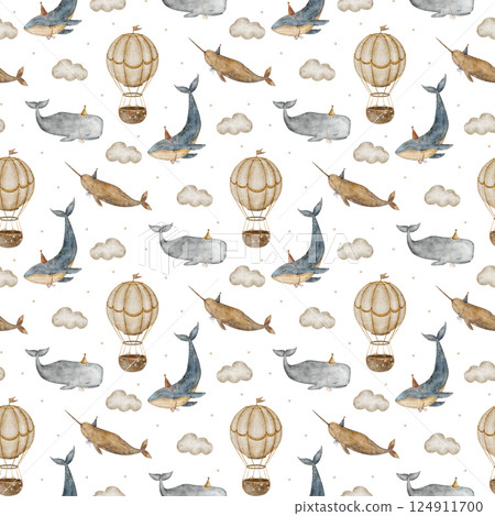 Pattern vintage blue whale, narwhal, sperm whales, balloons in the clouds. Seamless print watercolor illustration hand drawn on background for textile, fabric, packaging, children's clothes, wallpaper Pattern vintage blue whale, narwhal, sperm whales, balloons in the clouds. Seamless print watercolor illustration hand drawn on background for textile, fabric, packaging, children's clothes, wallpaper 124911700