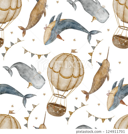 Pattern blue whale, narwhal, sperm whales in party cap, garland, balloon. Watercolor illustration hand drawn on background for seamless print, textile, fabric, packaging, children's clothes, wallpaper Pattern blue whale, narwhal, sperm whales in party cap, garland, balloon. Watercolor illustration hand drawn on background for seamless print, textile, fabric, packaging, children's clothes, wallpaper 124911701