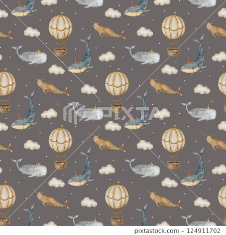 Watercolor pattern vintage whales, balloons in sky beige clouds, stars. Seamless print illustration children's on colored dark gray background for design, fabric, textile, packaging, wallpaper clothes Watercolor pattern vintage whales, balloons in sky beige clouds, stars. Seamless print illustration children's on colored dark gray background for design, fabric, textile, packaging, wallpaper clothes 124911702