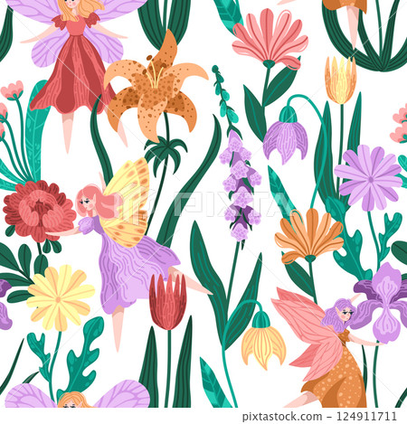 Cute pixie girl flying in starlit flower garden. Seamless pattern illustration of fairies with magical flowers. Ideal for whimsical packaging, and story books 124911711