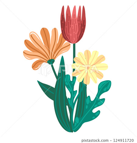 Bright spring bouquet with stylized foliage and flowers. Vector illustration with layered petals and bold color. Mixed floral bundle with hand-drawn elements. For spring patterns and nature prints 124911720