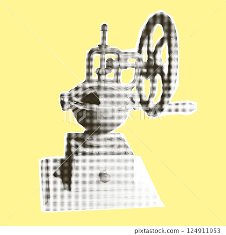 Retro coffee grinder. Vintage coffee mill. Halftone trendy cut out paper collage element isolated on yellow background, Polka dot pop art style texture Vector illustration. 124911953