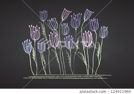 Collection of hand drawn charcoal doodle poppy flower decor shapes Childish girl style Pencil drawings Color elements on chalkboard. Grunge chalk crayon scribbles doodles textures. Vector illustration 124911960