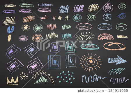 Charcoal pencil hand drawing curly groovy shapes, splash and squiggles. Color chalk elements on black chalkboard Grunge chalk crayon scribbles doodles texture Rough crayon stroke Vector illustration Charcoal pencil hand drawing curly groovy shapes, splash and squiggles. Color chalk elements on black chalkboard Grunge chalk crayon scribbles doodles texture Rough crayon stroke Vector illustration 124911966