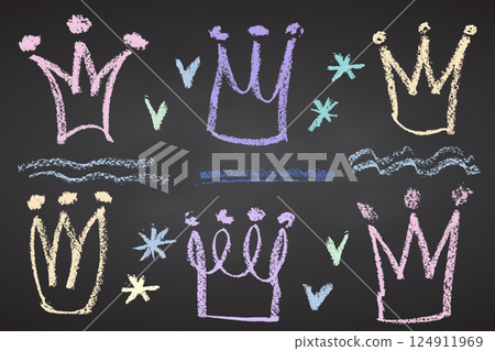 Collection of hand drawn charcoal doodle crown shapes Childish girly style. Pencil drawings Color elements on black chalkboard. Grunge chalk crayon scribbles doodles textures. Vector illustration Collection of hand drawn charcoal doodle crown shapes Childish girly style. Pencil drawings Color elements on black chalkboard. Grunge chalk crayon scribbles doodles textures. Vector illustration 124911969